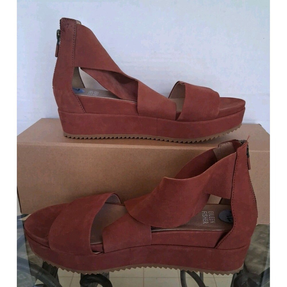 Eileen Fisher Buoy Suede Wrap Sandals Crisscross Platform Wedge 7 1/2 Brown